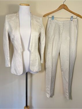 Ivory Linen Blend Tailored Trousers Pants US 4 Slim Fit Neutral -Blazer separate